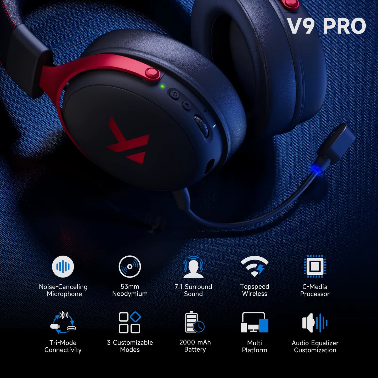V9 Pro Wireless Gaming Headset Surround Sound Headphones Noise Canceling Mic Low Latency Lightweight for PS5 PC SWITCH