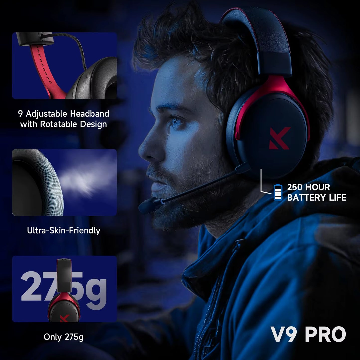 V9 Pro Wireless Gaming Headset Surround Sound Headphones Noise Canceling Mic Low Latency Lightweight for PS5 PC SWITCH