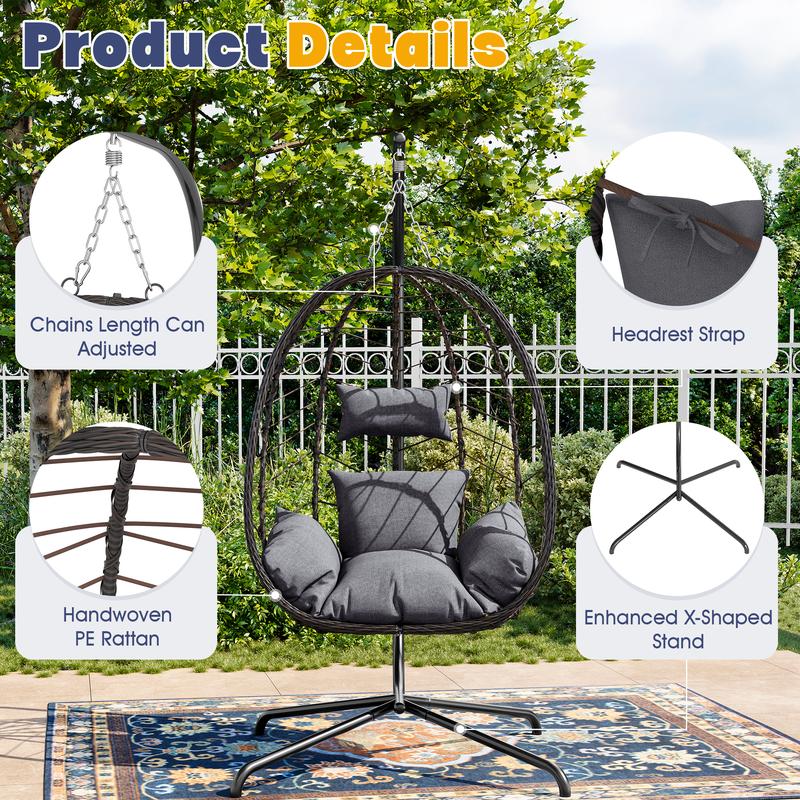 Fallfreshness WTFGO Indoor and Outdoor Universal Hanging Basket Chair with Stand(82*35.5*), Hand-Woven PE Rattan Swing Chair with Fallfreshness Cushion, Adjustable Chain Length, Suitable for Bedroom, Balcony, Garden