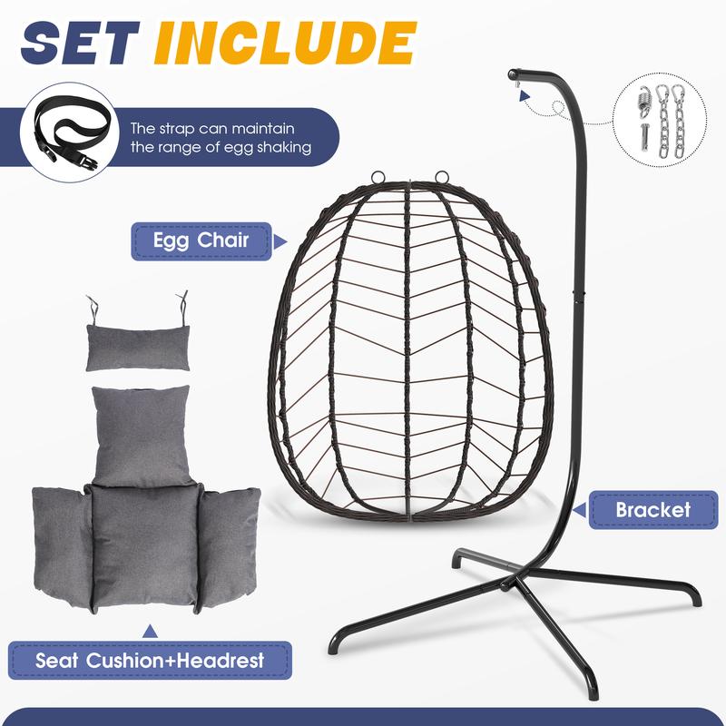 Fallfreshness WTFGO Indoor and Outdoor Universal Hanging Basket Chair with Stand(82*35.5*), Hand-Woven PE Rattan Swing Chair with Fallfreshness Cushion, Adjustable Chain Length, Suitable for Bedroom, Balcony, Garden