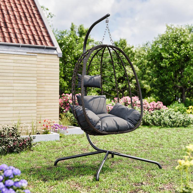 Fallfreshness WTFGO Indoor and Outdoor Universal Hanging Basket Chair with Stand(82*35.5*), Hand-Woven PE Rattan Swing Chair with Fallfreshness Cushion, Adjustable Chain Length, Suitable for Bedroom, Balcony, Garden