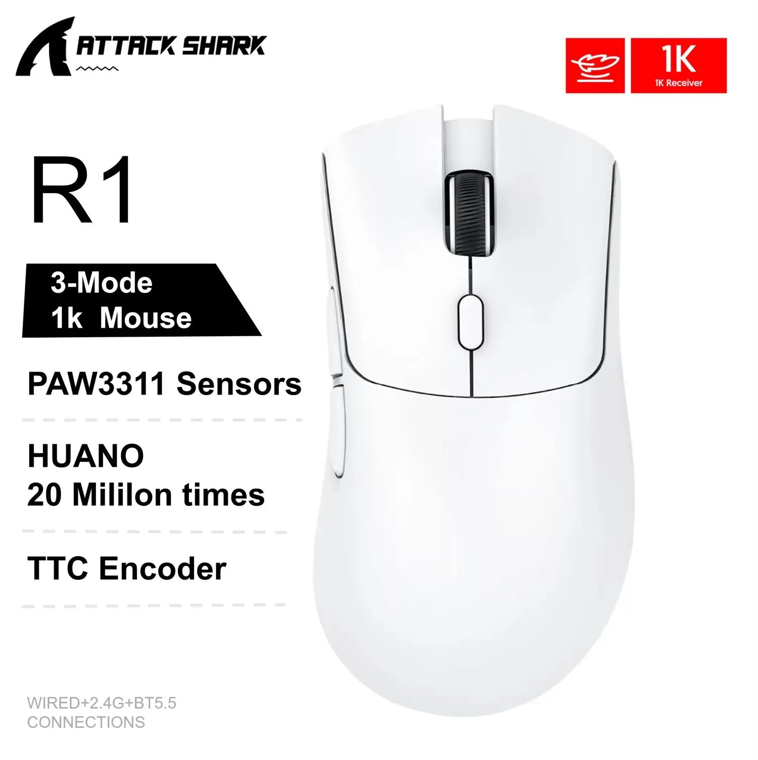 R1 Gaming Mouse - Dual-Mode Wireless/Wired, Adjustable DPI, Ultra-Light Ergonomic Design for Competitive Gamers