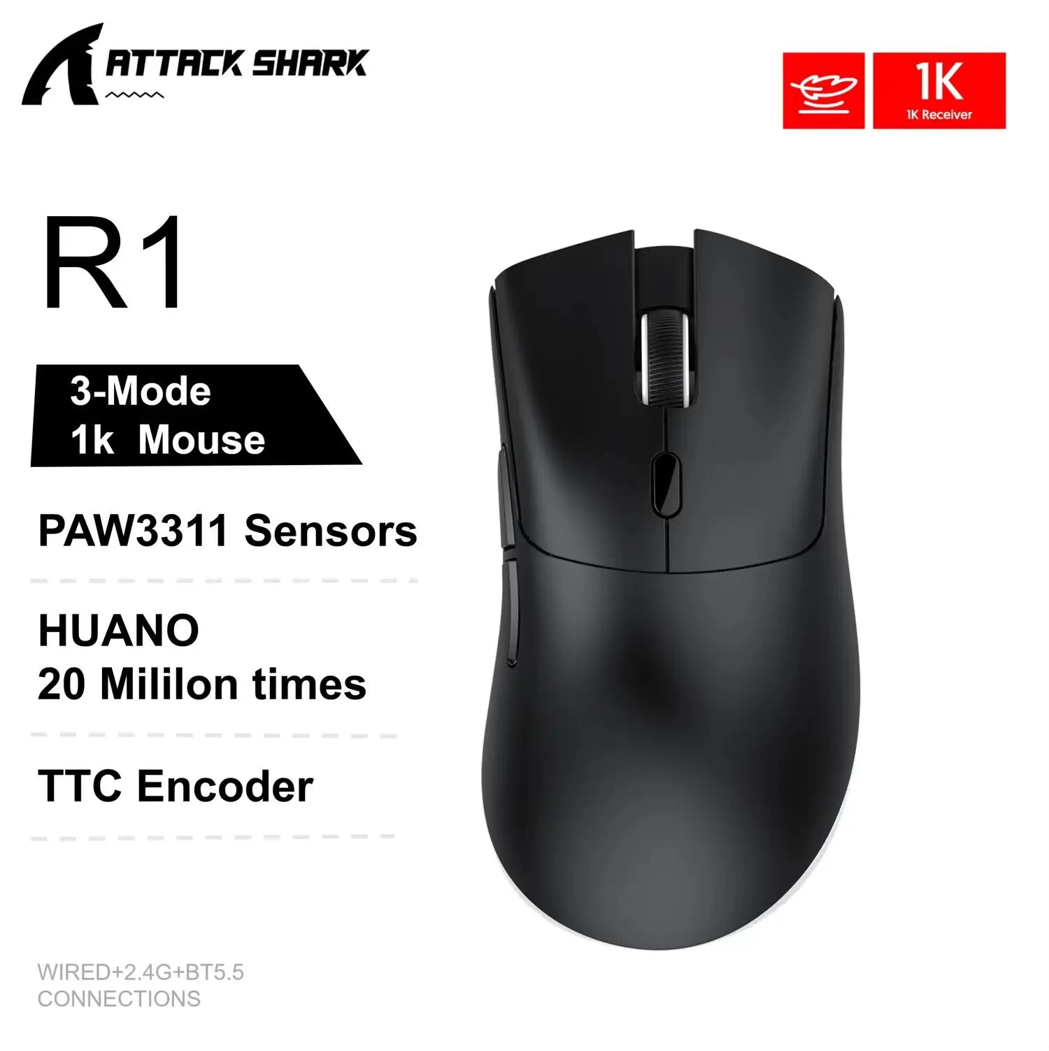 R1 Gaming Mouse - Dual-Mode Wireless/Wired, Adjustable DPI, Ultra-Light Ergonomic Design for Competitive Gamers