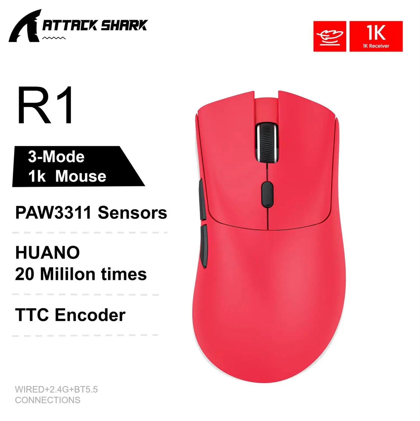 R1 Gaming Mouse - Dual-Mode Wireless/Wired, Adjustable DPI, Ultra-Light Ergonomic Design for Competitive Gamers