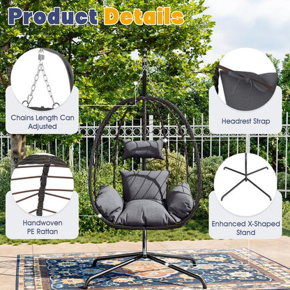 Fallfreshness WTFGO Indoor and Outdoor Universal Hanging Basket Chair with Stand(82*35.5*), Hand-Woven PE Rattan Swing Chair with Fallfreshness Cushion, Adjustable Chain Length, Suitable for Bedroom, Balcony, Garden